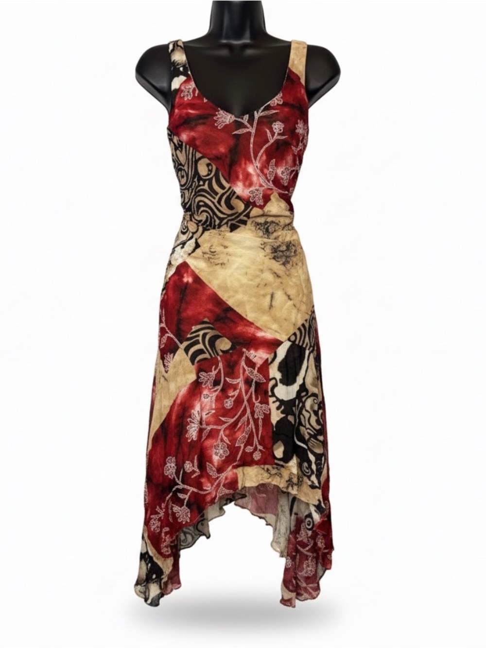 Rare Vintage DUSK Australia Patchwork Print Asymmetrical Midi Dress Y2K 90s